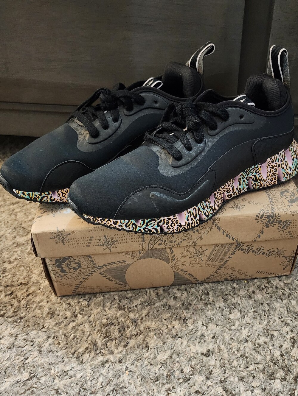 NWOT Reebok Black Women's Sneakers with Multicolor Leopard-Print Sole